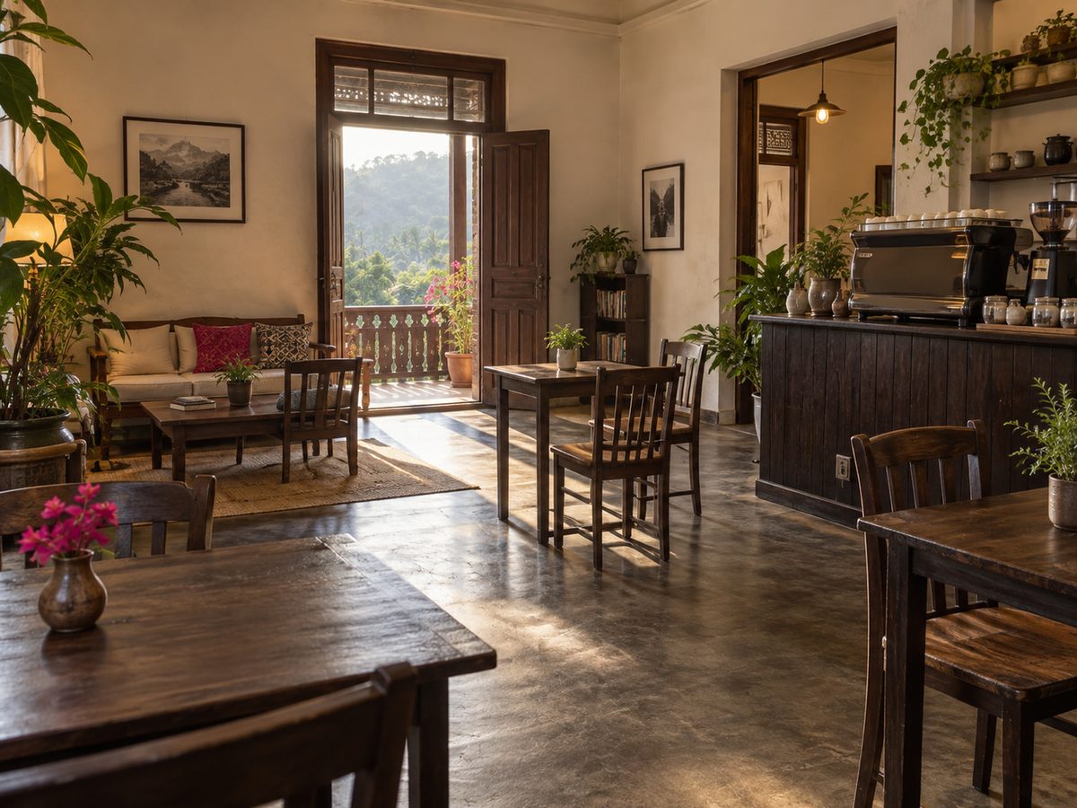 Kandy lodge lounge with wooden tables, plants, and late-afternoon light from an old-town balcony